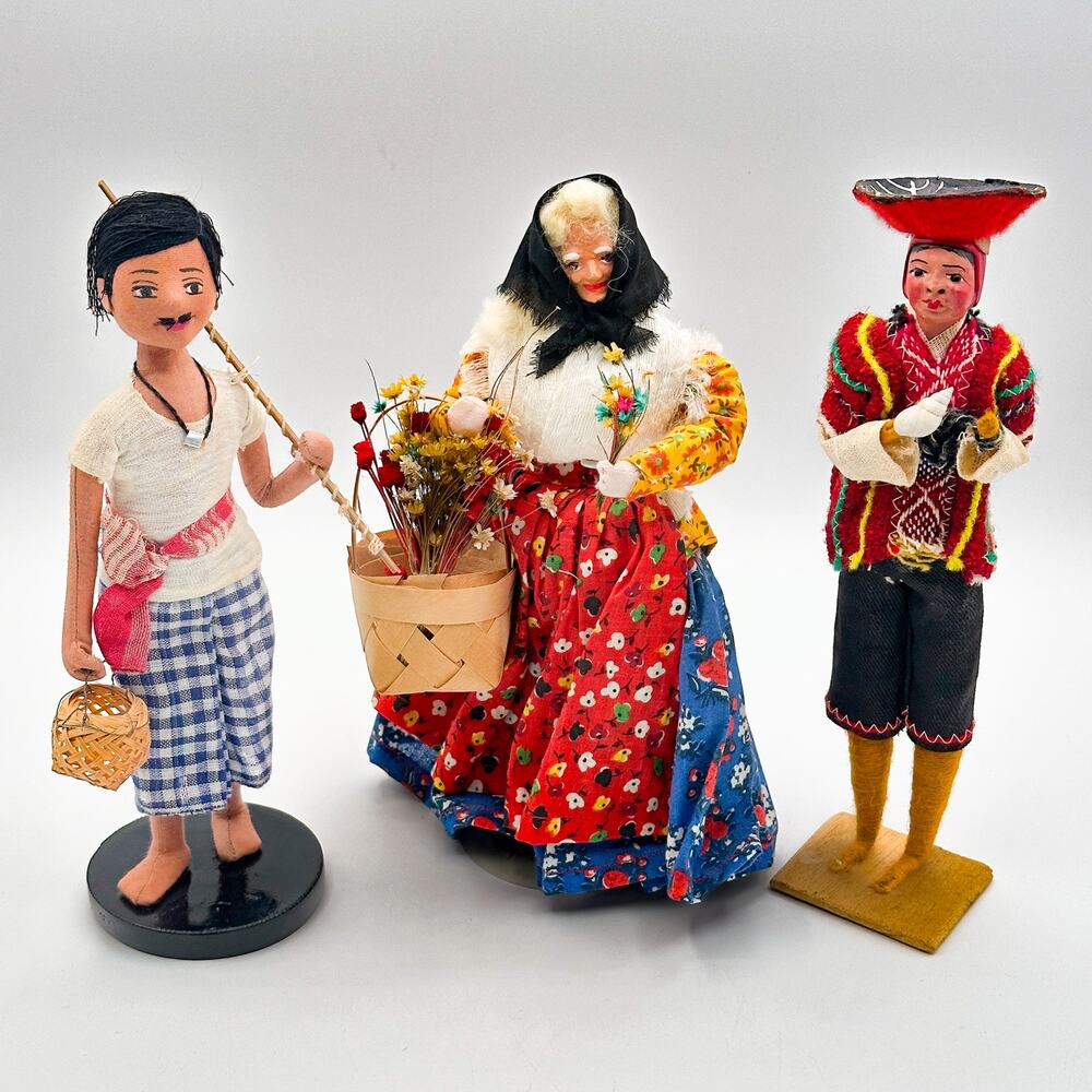 Lot 3 Intl Folk Dolls Filipino Fisherman Spanish Portuguese Flower Seller Vtg